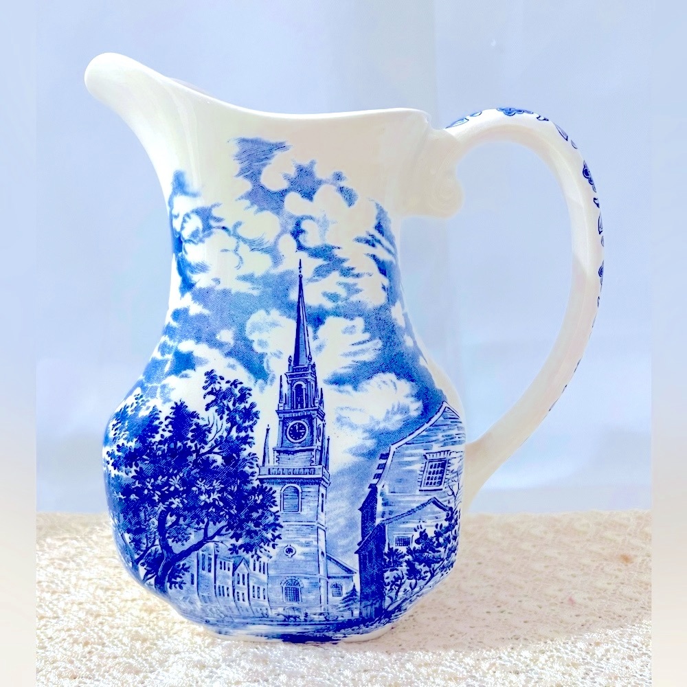Vintage Liberty Blue History Colonial Scenes Old North Church Ironstone Pitcher